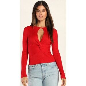 Women's Lulu's Ribbed Twist Front Long Sleeve Top Red Small